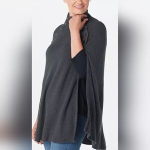 G.I.L.I. Women's Sweater Cape Metal Button Detail Sz M/L Cotton Blend Charcoal